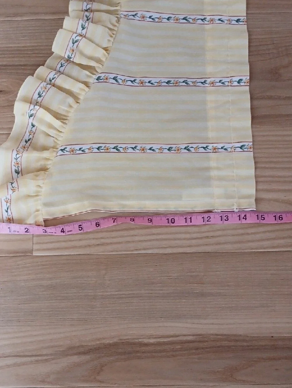 Pair Vintage Yellow Floral Stripe Window Valance Curtains Ruffled Hem